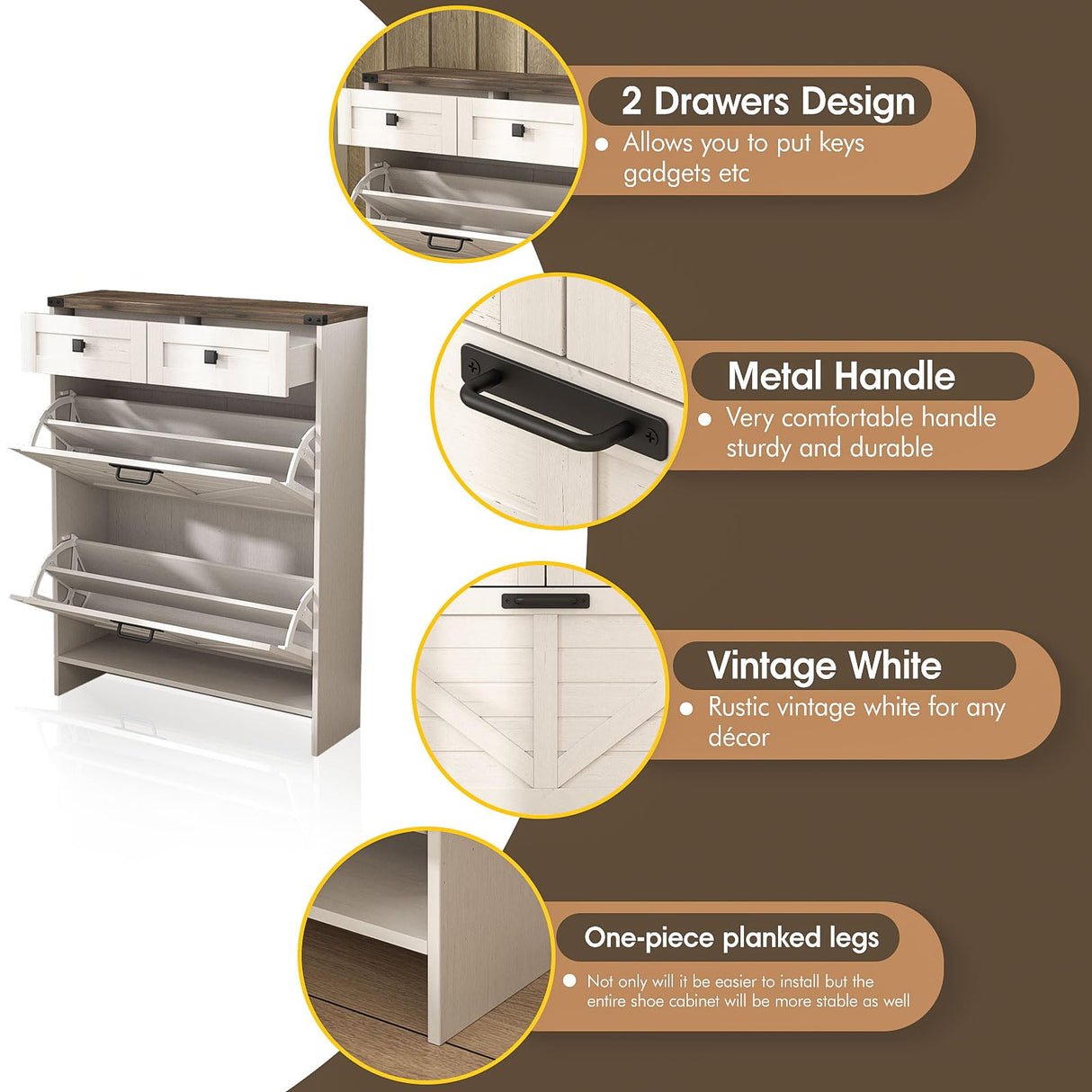 Halitaa Shoe Cabinet with 2 Flip Drawers & 2 Drawers,Farmhouse Shoe Storage Cabinet for Entryway,Slim Freestanding Narrow Organizer Rack for Front Door Entrance,White Halitaa