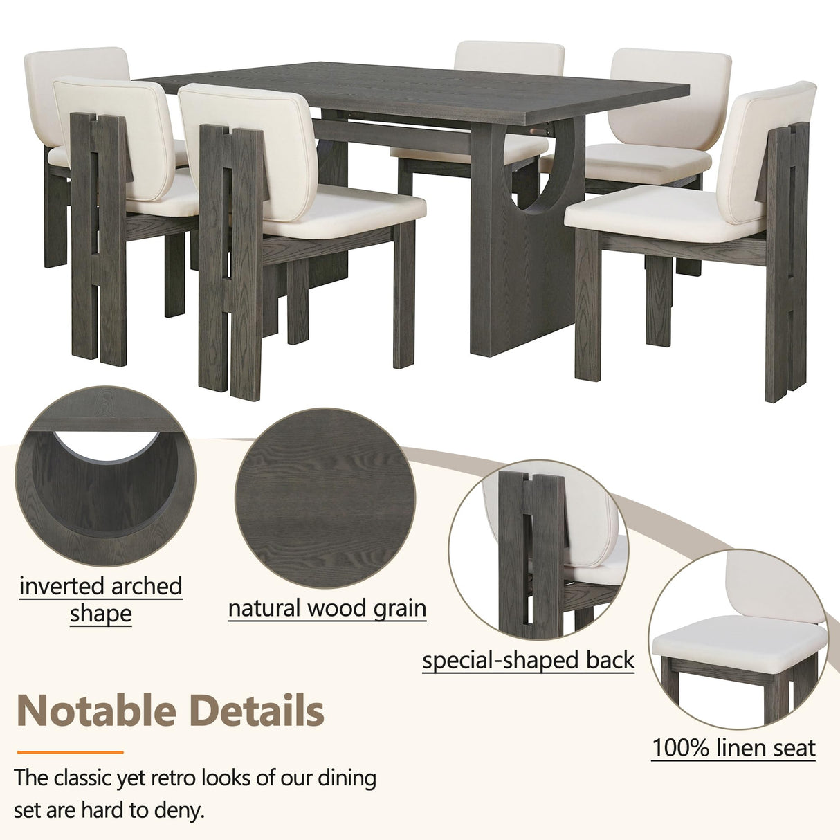 Merax Wood Dining Table Set for 6, Rectangular Tabletop/Upholstered Chairs/Retro Geometric Design, Ideal for Dining-Room and Kitchen, Grey Merax