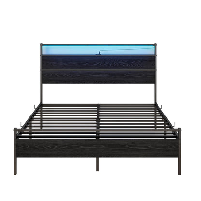 Full Size Bed Frame with Wood Headboard/LED Lights,Platform Metal Bed Frame Full Size with Charging Station,Heavy Duty Metal Slats Support,No Box Spring Needed,Noise Free,Black