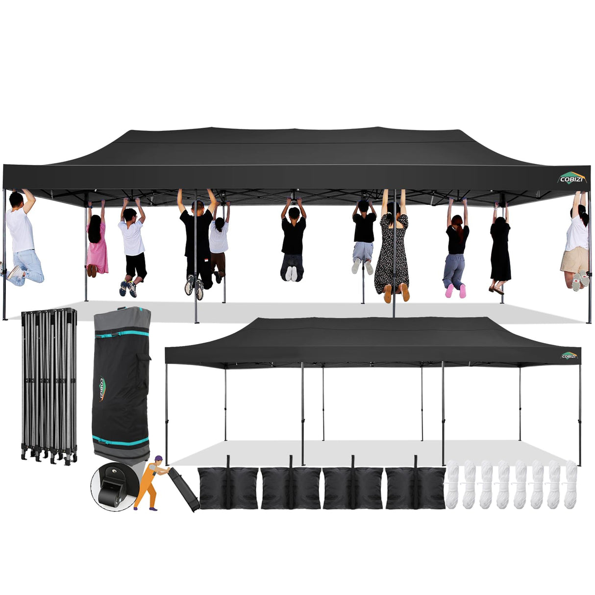 COBIZI 10x30 Pop Up Canopy Without Sidewall,Heavy Duty Canopy UPF 50+ All Season Wind Waterproof Commercial Outdoor Wedding Party Tents for Parties Gazebo with Roller Bag(10 x 30 ft Black) COBIZI