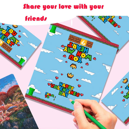 Valentines Day Gifts for Kids，24 PCS Jigsaw Puzzle with Valentines Cards for Valentine Party Favor，Valentines School Classroom Exchange Prizes Toys for Toddler Boys Girls (Ma-Rio)