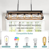 Airposta Farmhouse Rustic Wood Chandelier, 5 Lights Metal Rectangle Dining Room Swag Lighting, Kitchen Island Industrial Linear Cage Pendant Light Fixtures Hanging Lamp Airposta