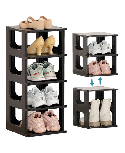 Shoe Organizer Rack for Small Spaces 5 Tier Plastic Vertical Narrow Shelves for Closet Black Shoe Holder, Stand for Entryway Storage Boots Organizer Stackable Cabinet