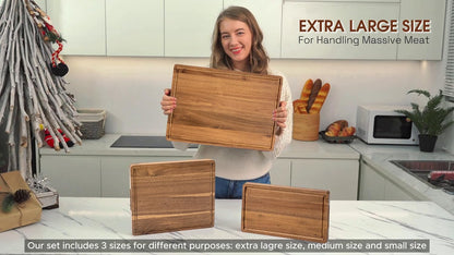 KOLWOVEN Wood Cutting Boards for Kitchen - Set of 3, Wooden Cutting Board Set with Holder for Chopping Meat, Cheese, Fruits, Vegetables, Knife Friendly Serving Tray