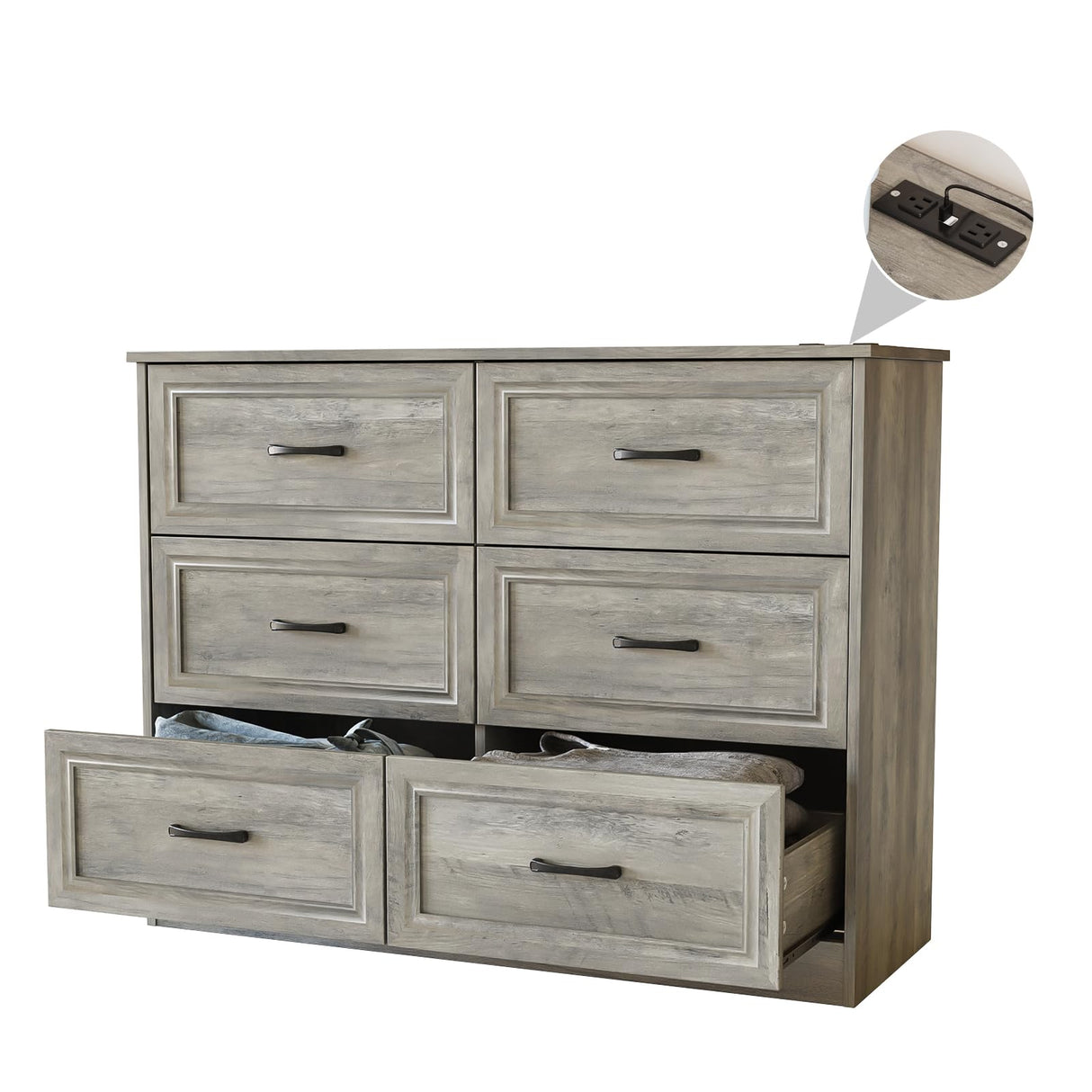 Fameill Dresser for Bedroom, 6 Drawer Wide Dresser Organizer with Charging Station, Tall Dresser for Hallway, Wood Dresser with Metal Handles, Ash Grey Fameill