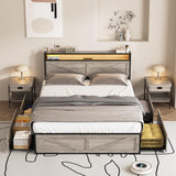 Halitaa Full Size Metal Bed Frame with LED Lights, Charging Station & 4 Storage Drawers in Wash Grey Halitaa