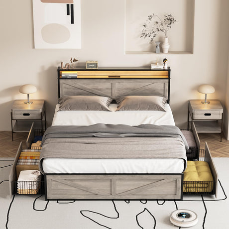 Halitaa Full Size Metal Bed Frame with LED Lights, Charging Station & 4 Storage Drawers in Wash Grey Halitaa