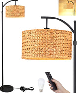 QIYIZM Floor Lamp for Living Room Bedroom Farmhouse Arc Rattan Boho Standing Lamp with Remote Dimmable Black Wicker Bamboo Lamp Shade Floor Light Adjustable Tall Lamp Industrial Floor Lamps Bohemian QIYIZM