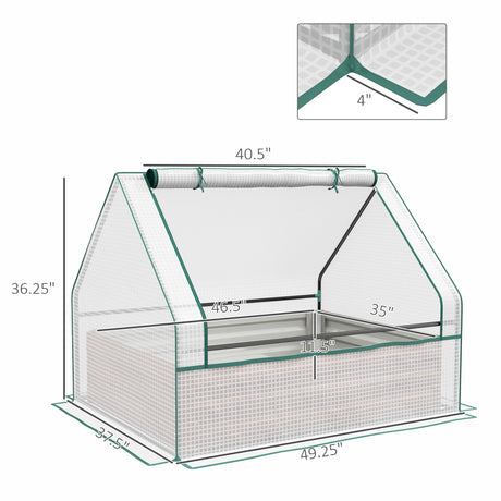 Outsunny 4 x 3 x 1ft Raised Garden Bed with Mini Greenhouse, Galvanized Outdoor Planter Box with Cover, for Herbs and Vegetables, Use for Patio, Garden, Balcony, White Cover and Brown Planter Outsunny