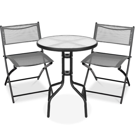 Best Choice Products 3-Piece Patio Bistro Dining Furniture Set w/Glass Tabletop, 2 Folding Chairs, Steel Frame, Polyester Fabric - Gray Best Choice Products