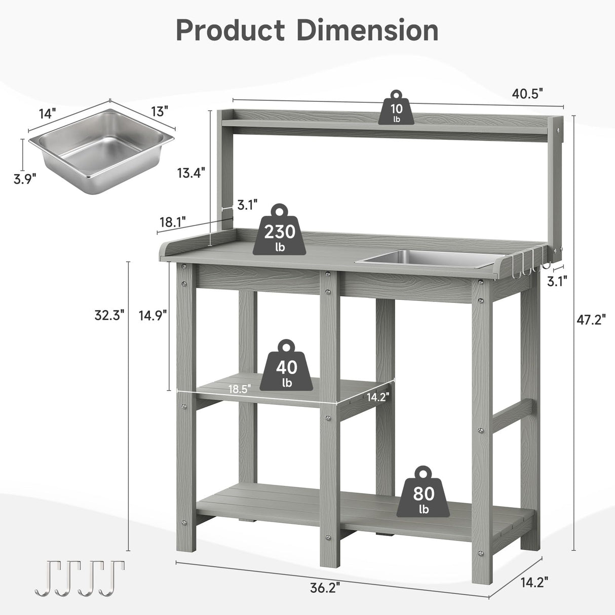 ONBRILL Potting Bench, Outdoor Potting Bench Table with Removable Sink, HDPS Potting Benches for Outside, Garden Table with Storage Shelves & 4 Side Hooks, No Rot, No Fade, No Break, 360lbs Capacity ONBRILL
