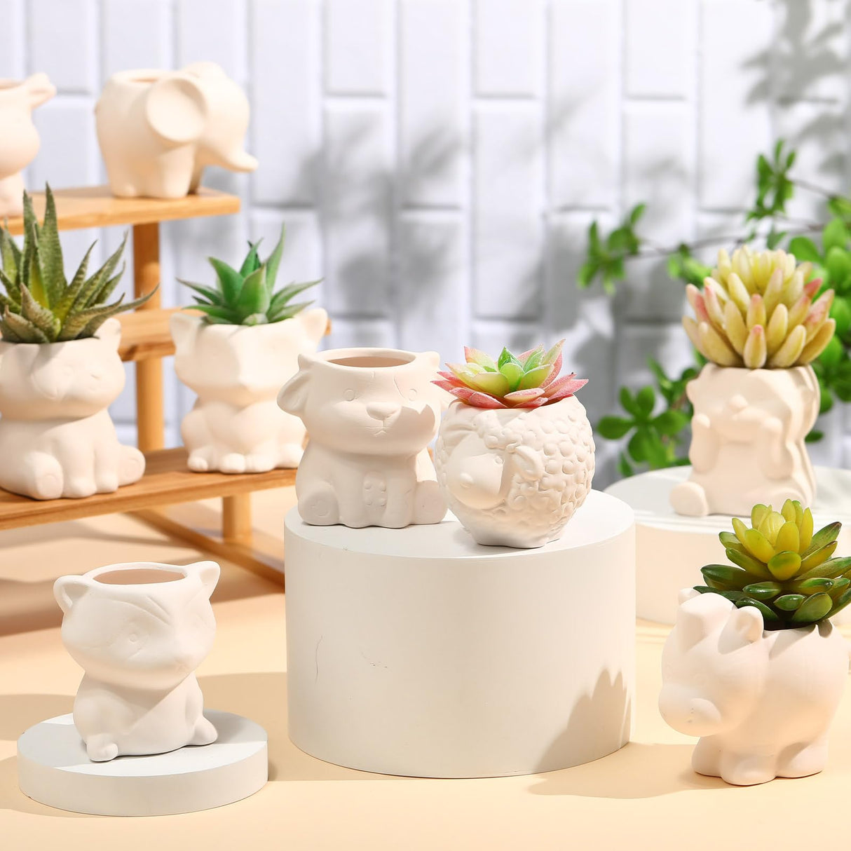 Hushee 12 Sets DIY Ceramic Succulent Pots Ready to Paint Animal Planters Unpainted Plant Flower Pots Bulk with Drainage Hole and Bisque Paint for Kids Adults Craft Christmas Hushee