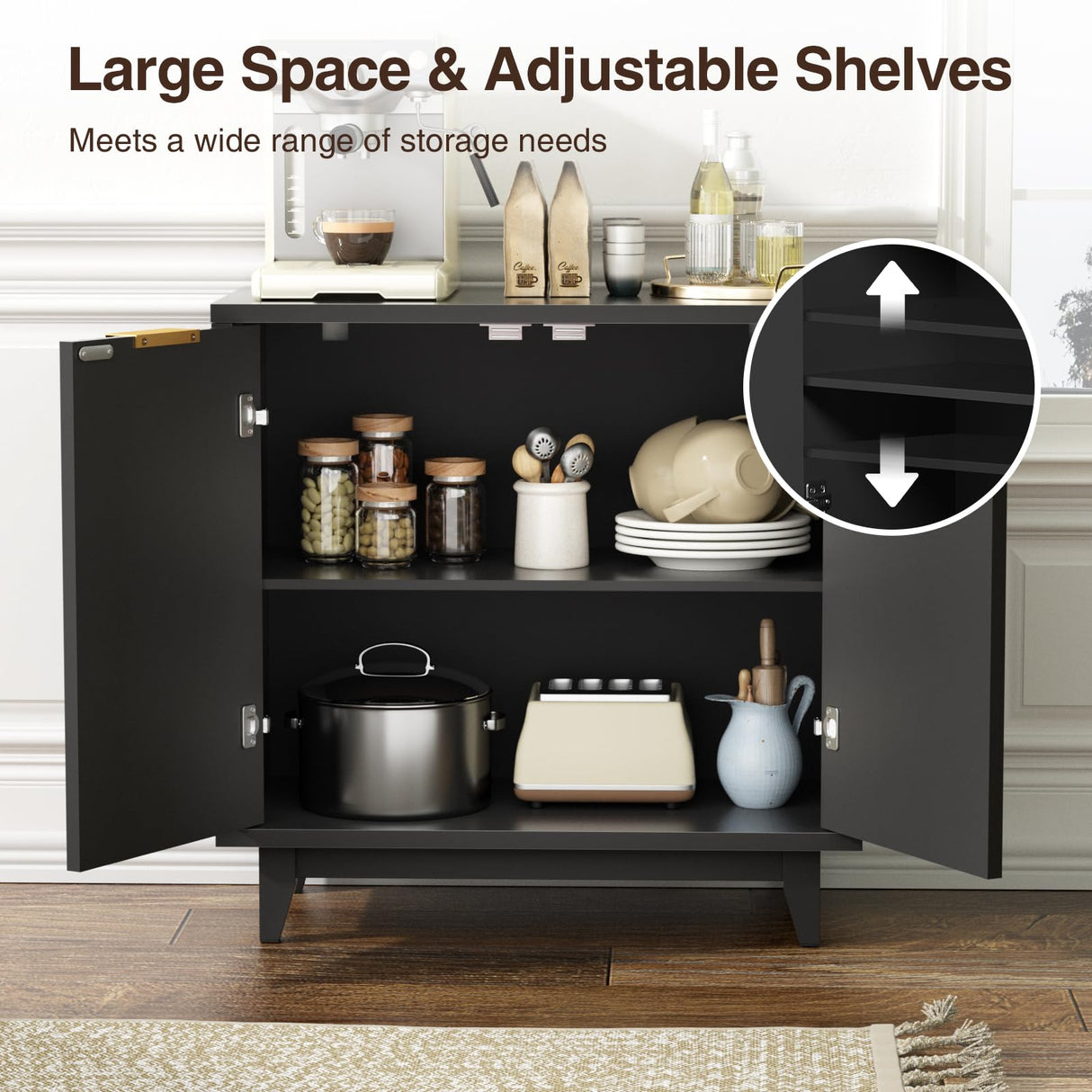 Fluted Cabinet with Storage, 2 Doors Sideboard Buffet, Mid Century Modern Accent Cabinet with Adjustable Shelves, Multifunctional Console Table with Storage for Living Room, Kitchen, Entryway FiveWillowise