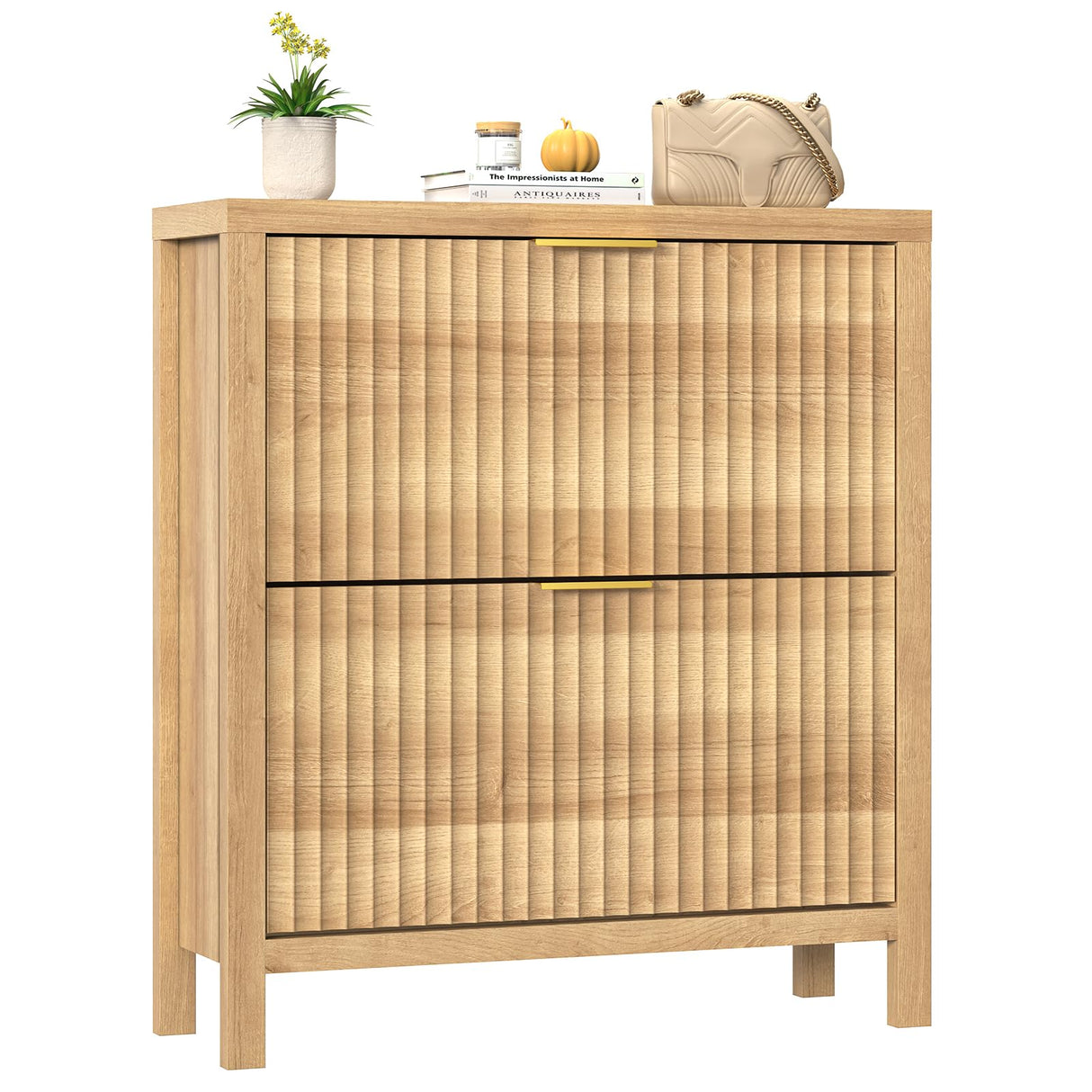 YOMILUVE Shoe Cabinet Storage for Entryway, Fluted Shoe Cabinet with 2 Flip Drawers, Hidden Shoe Rack Tall Freestanding Shoe Organizer with Legs for Hallway, Wood YOMILUVE
