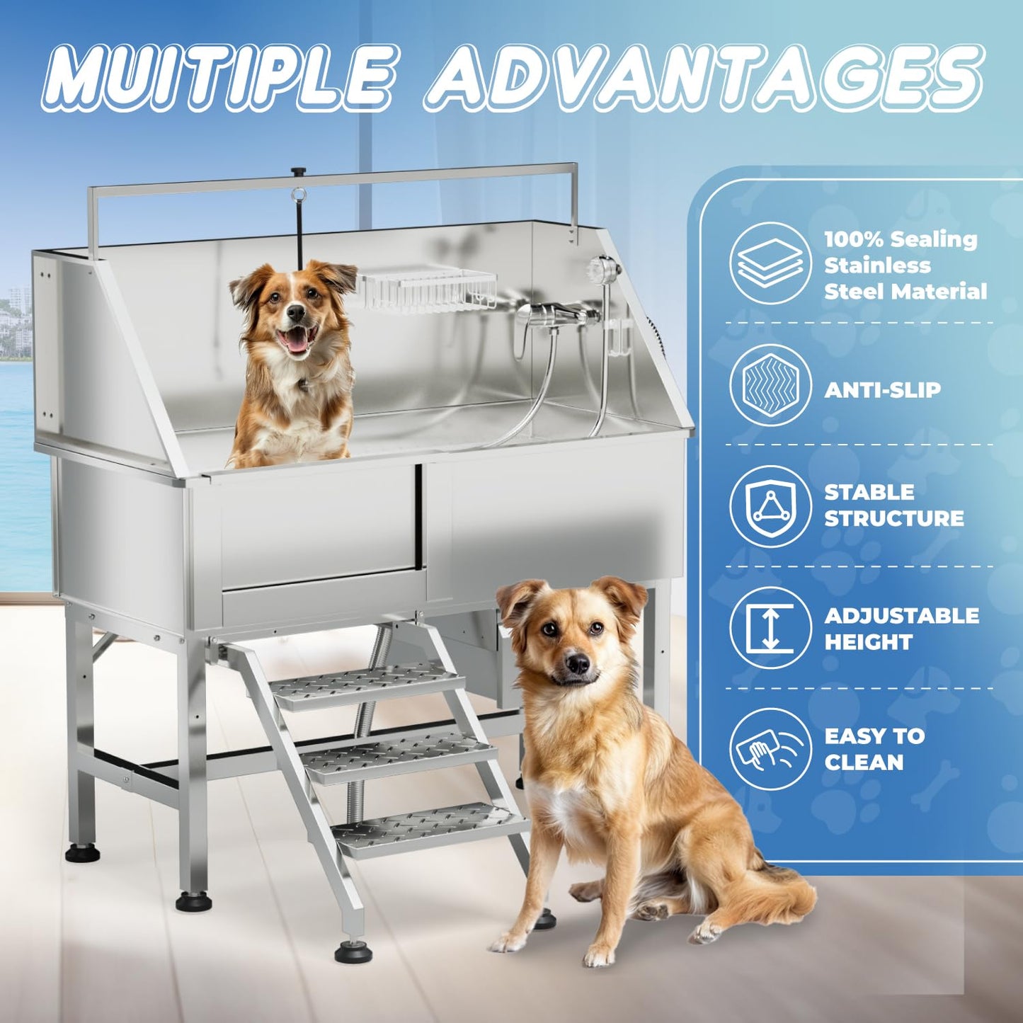 46" Dog Washing Station for Home,Professional Dog Bathing Station Stainless Steel,Dog Grooming Tub with Stairs Storage Drawer,Floor Grate，Dog Bathtub for Large,Medium,Small Pets (Left Stair, 46")