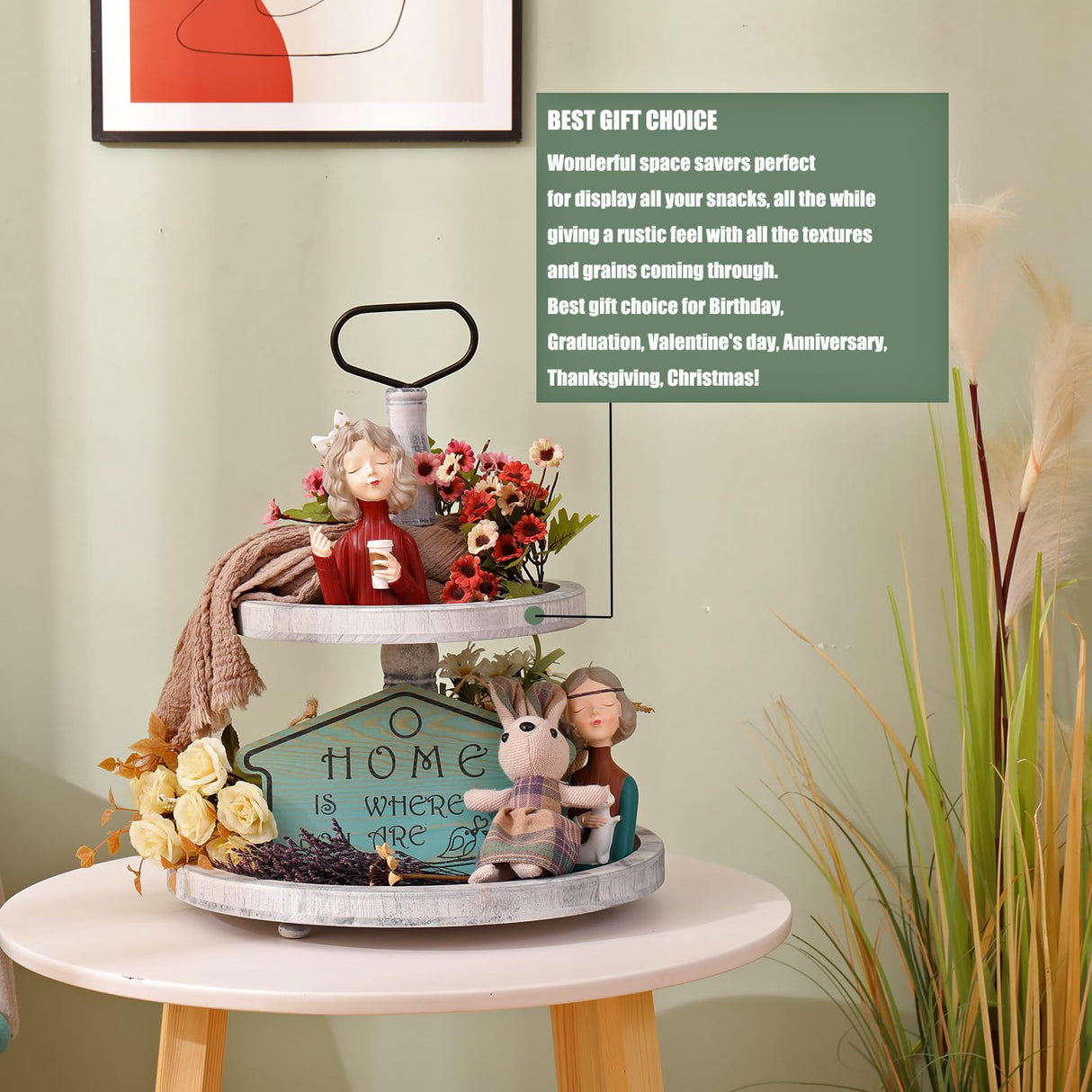 LKMANY Tiered Tray Cupcake Stand 2 Tier Tray Stand Serving Cakes Tray Decorative Trays with Handle,Round Rustic Stand for Kitchen,Homeware Display Platters for Party LKMANY