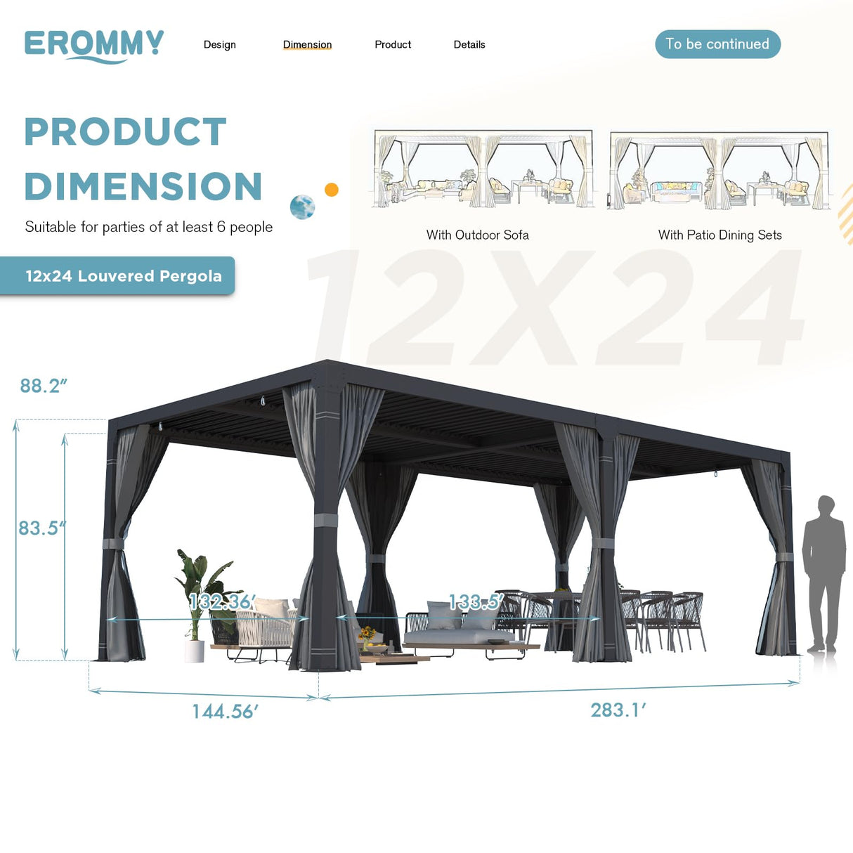 EROMMY Louvered Pergola 12' x 24' Outdoor Hard Top Pergola with Aluminum Frame and Adjustable Metal Rainproof Roof for Garden & Patio, Curtains and Netting Included, Gray-Black EROMMY