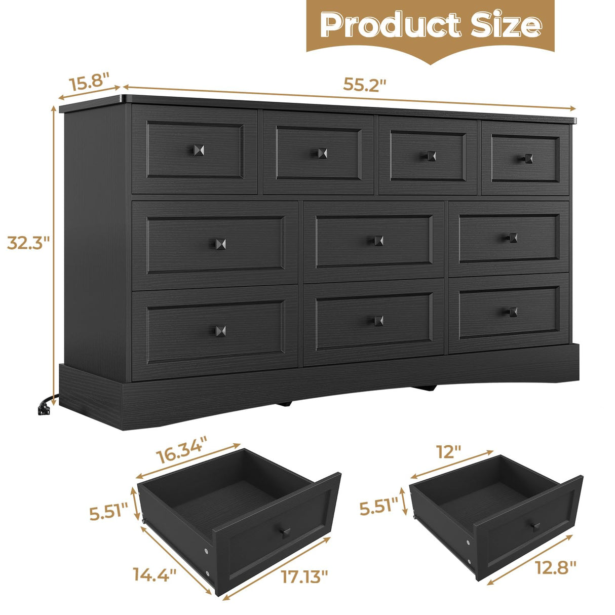 Hasuit Black Bedroom Dresser with 10 Drawers, 55.2" Long Drawer Dresser with Charging Station, Farmhouse Dresser Chest of Drawers, Large Wooden Storage Tower Organizer Dresser for Bedroom Living Room Hasuit