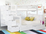 Bedz King Stairway Bunk Beds Twin over Full with 4 Drawers in the Steps and 2 Under Bed Drawers, White Bedz King