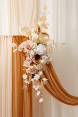Ling's Moment White Gold Artificial Wedding Arch Flowers Kit Pack of 4, 2pcs Hanging Flower Arrangement 2pcs Chiffon Drapes Ceremony Reception Fake Rose Arbor Backdrop Stand Floral Outdoor Decorations Ling's Moment