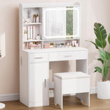 Hogxp Vanity Desk with Sliding Mirror & Power Outlets - Dimmable LED Lighting, 4 Open Shelves, 2 Drawers, 1Storage Cabinet & Padded Stool - Ideal Bedroom Makeup Dressing Table （White） Hogxp