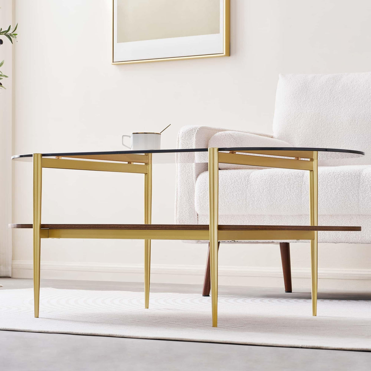 LumFurn Oval Glass Coffee Table, Mid-Century Modern Design, L41 x W21 x H17 inch, for Living Room, 2-Tier Structure, Amber Glass Top and Walnut Finish Wood Shelf, Conical Legs with Gold Finish Frame LumFurn