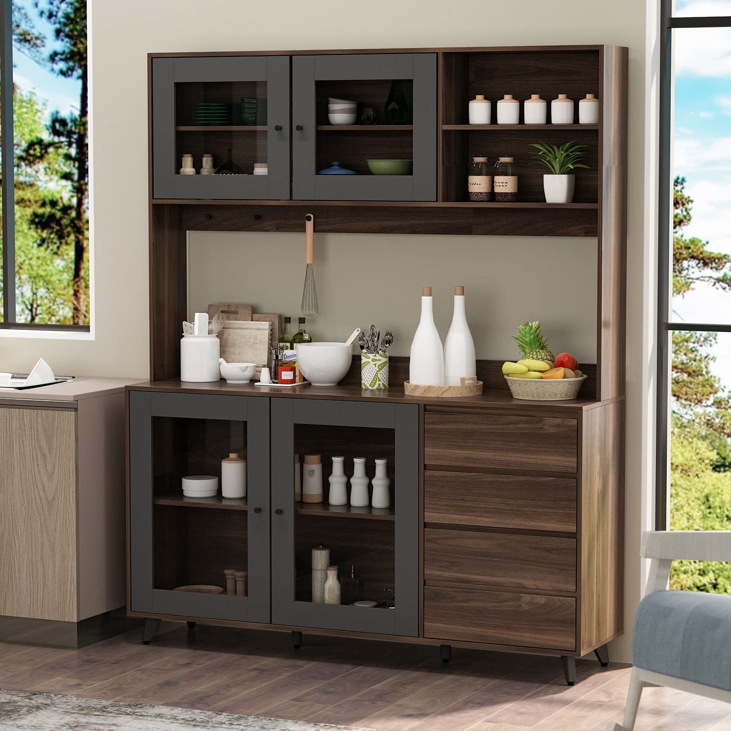 AIEGLE 63" W Large Kitchen Hutch Cabinet, Pantry Cabinets with Hutch, Freestanding Cupboard with 4 Doors, 4 Drawers & Microwave Shelf, Kitchen Storage Buffet, Dark Walnut (63" W x 15.7" D x 7 - WoodArtSupply