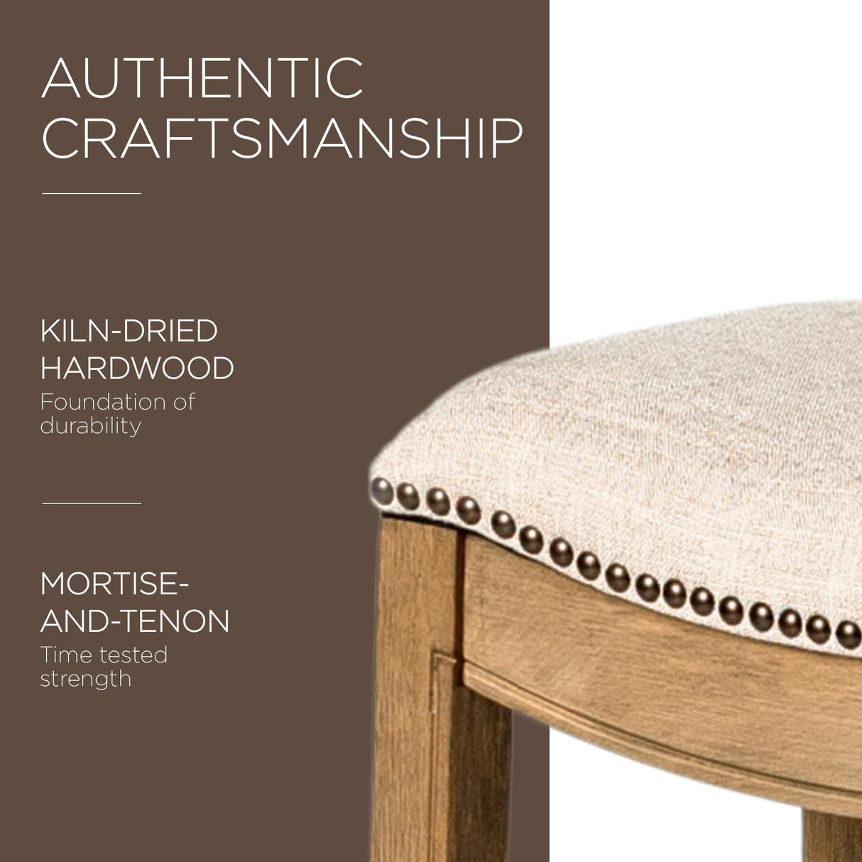 Maven Lane Adrien 26 Inch Counter Height Upholstered Backless Saddle Barstool in Natural Wood Finish with Wheat Cream Fabric Cushion Seat, Set of 2 Maven Lane