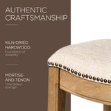 Maven Lane Adrien 26 Inch Counter Height Upholstered Backless Saddle Barstool in Natural Wood Finish with Wheat Cream Fabric Cushion Seat, Set of 2 Maven Lane