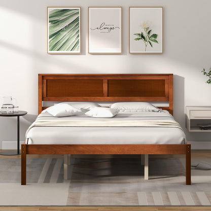 Giantex Wood Queen Platform Bed with Headboard, Mid Century Solid Wood Bed Frame with Wood Slat Support, Wooden Mattress Foundation with 12" Under