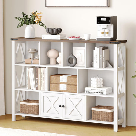 Halitaa Farmhouse Horizontal Bookcase, 11 Cube Storage Organizer Bookshelf, Wooden Open Cube Shelf Bookcase, 3 Tier Cube Display Bookshelves with Storage, Rustic White Halitaa