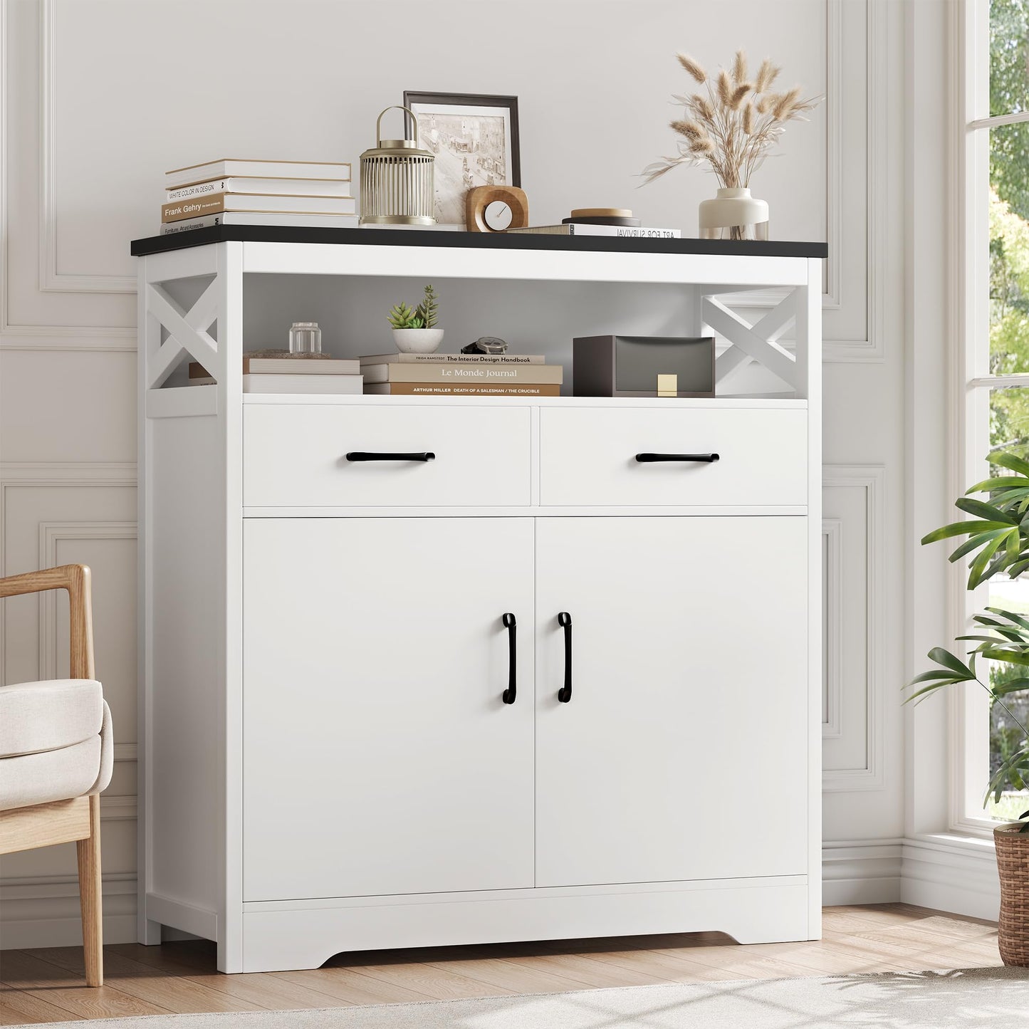 HOSTACK Modern Farmhouse Buffet Sideboard, Kitchen Storage Cabinet with Shelves and Doors, Wood Buffet Cabinet with Drawers, Coffee Bar, Floor Cabinet Cupboard for Living Room, White+Black - WoodArtSupply