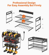 JUNNUJ Power Tool Organizer with 10 Outlet Power Strip, 3 Layer Wall Mount Drill Holder with Charging Station, 4 Drills Storage Shelf Shop Garage Utility Rack, Black JUNNUJ