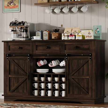 4ever2buy Farmhouse Coffee Bar Cabinet with Sliding Barn Door, Wine Bar Cabinet with Storage, 54 Inch Coffee Bar with 3 Drawers & 15 Racks, Buffet Cabinet for Living Dining Room, Kitchen, Dark Oak 4ever2buy