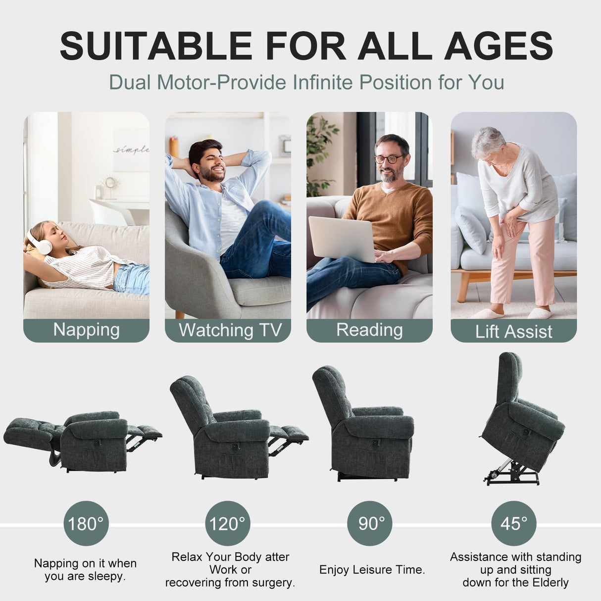 CDCASA Dual Motor Lay Flat Lift Chairs Recliners for Elderly with Massage and Heat, Upgraded Chenille Infinite Position Large Sleeping Electric Power Lift Chair Recliner for Seniors, Grey Blue CDCASA