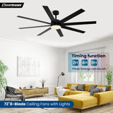 Modern 72 Inch Ceiling Fans with Lights and Remote, Dual Color 8 Blades, Bedroom Living Room Office Library Cafe Outdoor Industrial, 3CCT Dimmable, 6 Speed Reversible Quiet DC Motor, Black/Wood Grain Conciseer