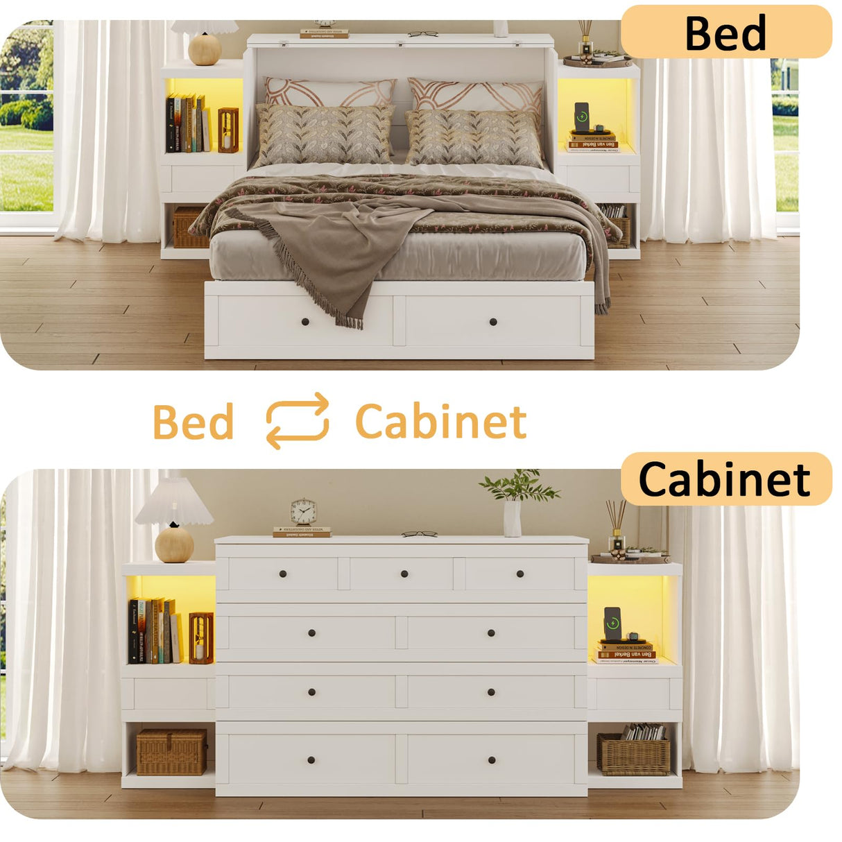 LIVAUVEAD Full Size Murphy Bed with Bedside Tables,Full Size Foldable Cabinet Bed Frame with Charging Station & Drawer,Murphy Bed Chest with Adjustable LED Light for Bedroom,Guest Room,White LIVAUVEAD