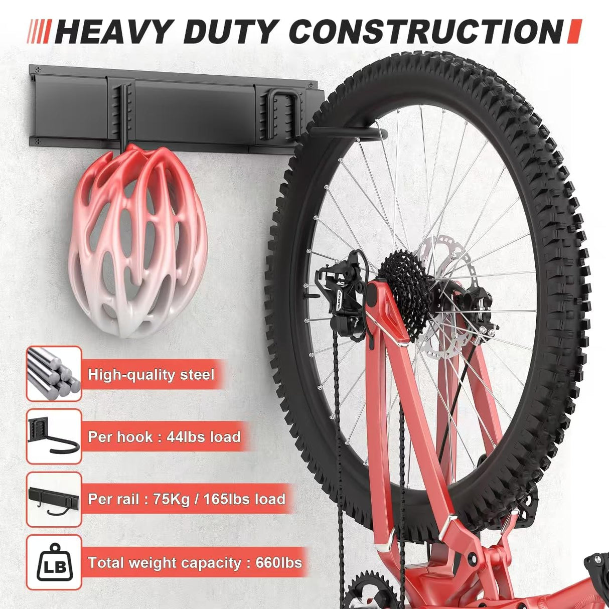 Ultrawall Bike Storage Rack, Wall Mount Bicycle Rack Vertical Bike Hanger for Garage, Home, 6 Bike Racks & 6 Helmet Hooks, Holds Up To 660lbs Ultrawall