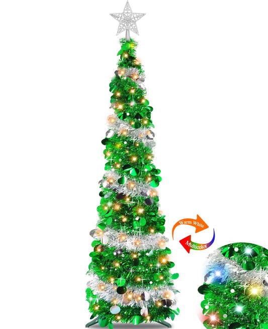 Dual Color Change&Timer 5 Ft Pop Up Christmas Tree with 50 Warm Lights&Colored Lights Star 8 Modes, Glitter Pencil Slim Tinsel Christmas Tree Battery Operated Xmas Tree Home Party Indoor Outdoor Decor