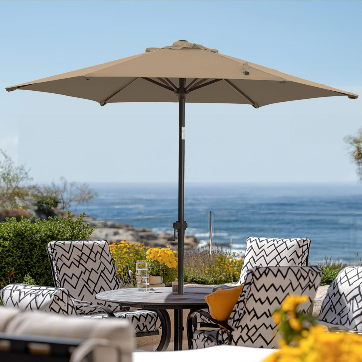 wikiwiki 7.5 FT Patio Umbrellas Outdoor Table Market Umbrella with Push Button Tilt/Crank, 6 Sturdy Ribs, Fade Resistant Waterproof POLYESTER DTY Canopy for Garden, Lawn, Deck, Backyard & Pool, Tan wikiwiki