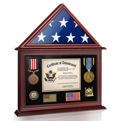 ASmileIndeep Flag Display Case Box for Folded 3'x5' American Veteran Flag Solid Wood Military Flag Certificate Shadow Box with Wall Mount Display ASmileIndeep