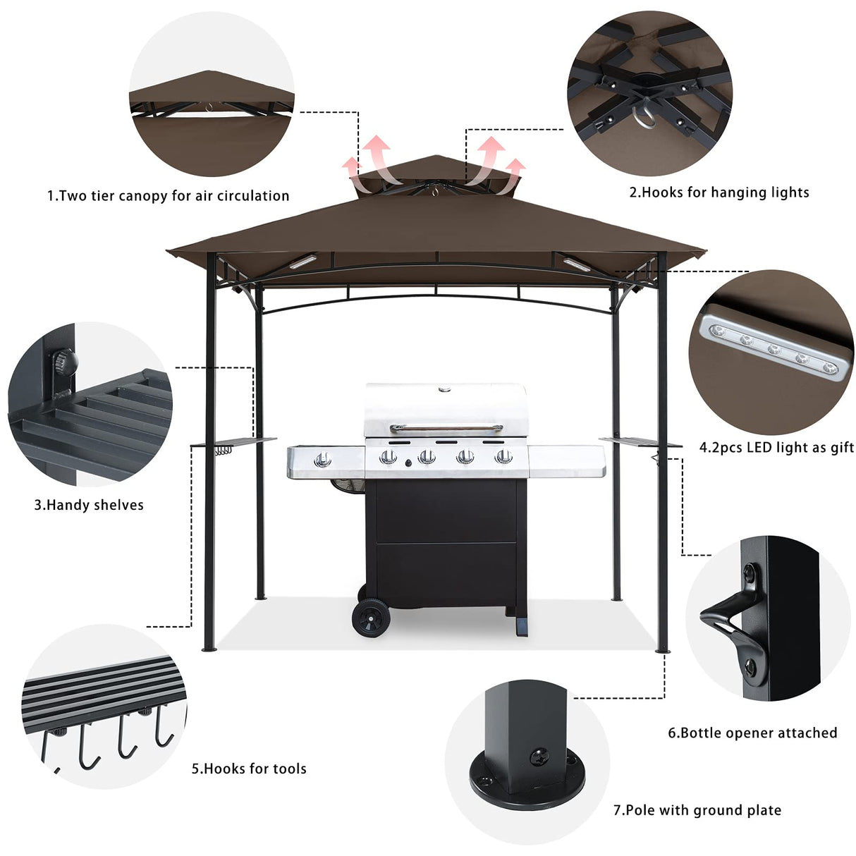 COOSHADE 8'x 5' Grill Gazebo Double Tiered Outdoor BBQ Gazebo Canopy with LED Light (Gray) COOSHADE