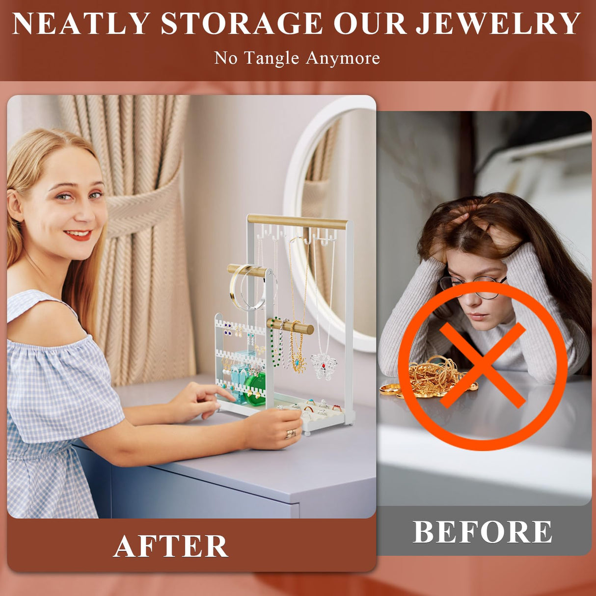 Jewelry Holder Organizer Stand, Jewelry Display Rack with 36 Holes Earring Holder, 10 Hooks Necklace Organizer, Velvet Ring Holder Dish, Birthday Gifts Ideas for Mom Women Room Decor coobest