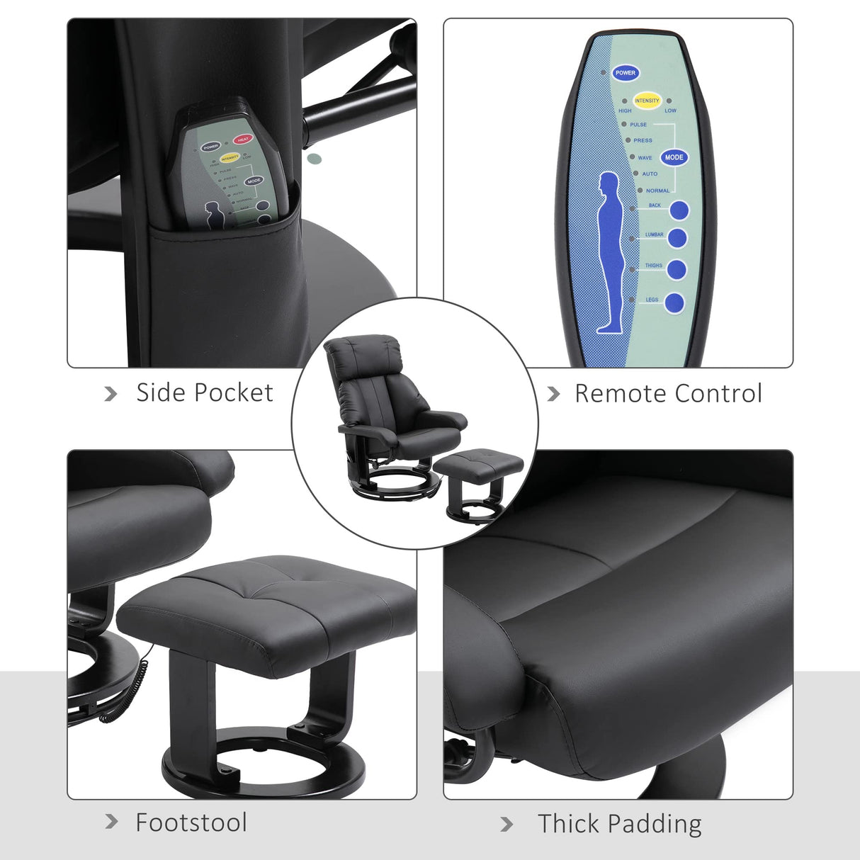 HOMCOM Massage Recliner Chair with Ottoman, 360° Swivel Recliner and Footstool, 10 Point Vibration, PU Leather Reclining Chair with Side Pocket and Remote Control, Black HOMCOM