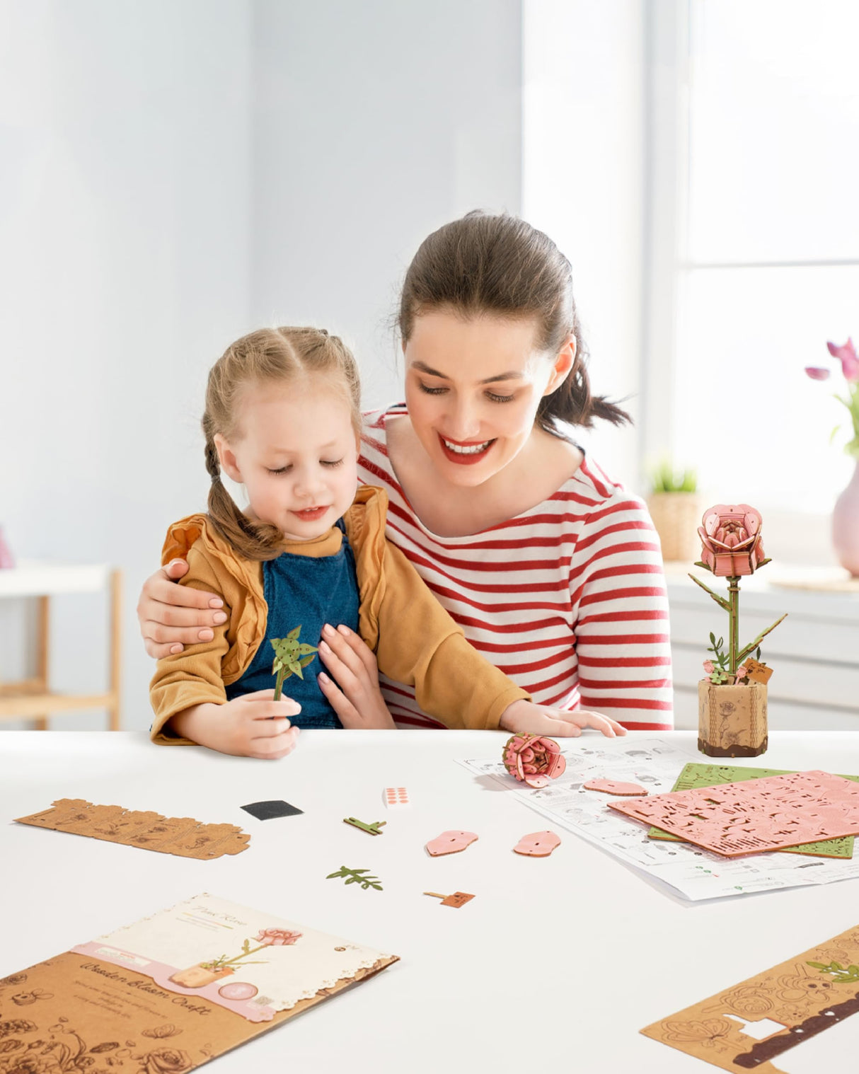 ROBOTIME 3D Puzzles Wooden Flower Pink Rose DIY Model Building Kit to Build for Adults Artifical Bouquet Botanical Collection Craft Brain Teaser Puzzle Creative Gift Home Decor ROBOTIME