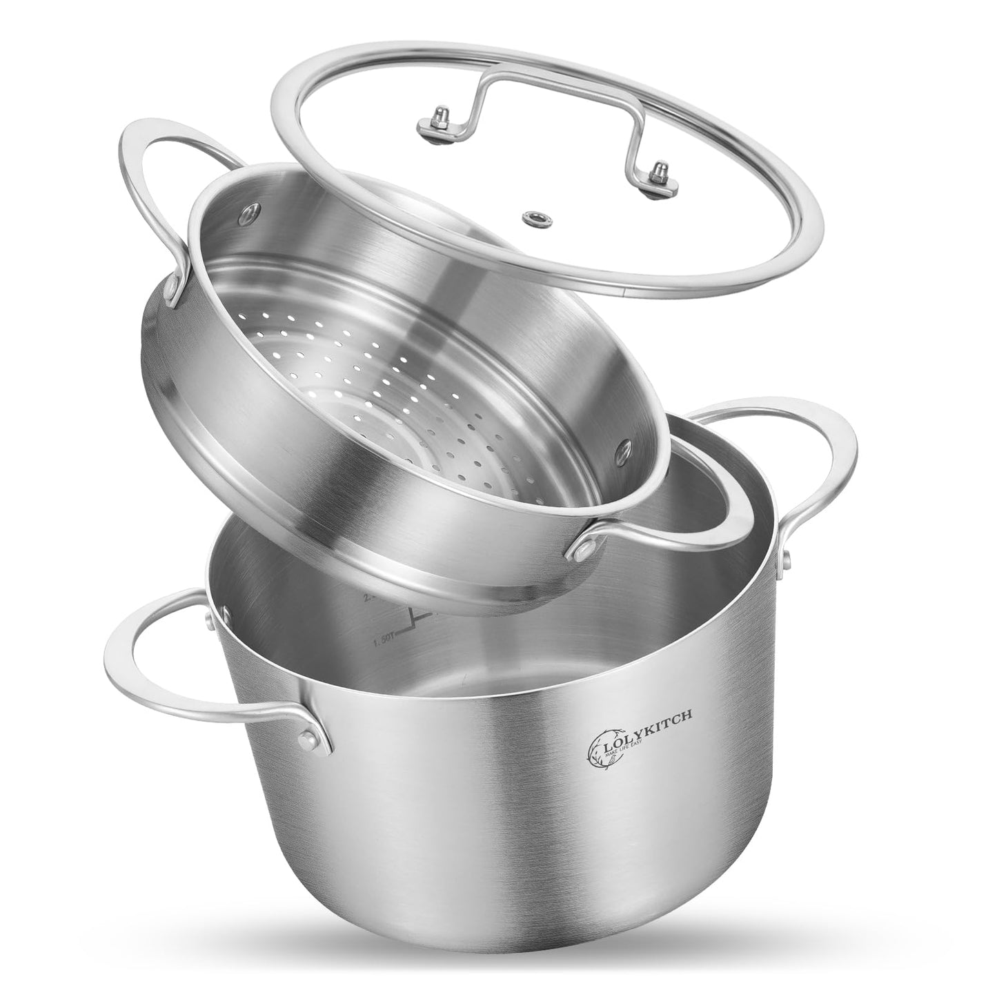 LOLYKITCH Tri-ply Stainless Steel 5 QT Stock Pot with Steamer,Induction Cooking Pot,Pots and Pans,Heavy Duty,Dishwasher and Oven Safe.