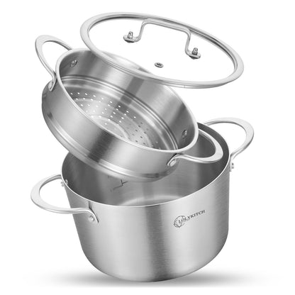 LOLYKITCH Tri-ply Stainless Steel 5 QT Stock Pot with Steamer,Induction Cooking Pot,Pots and Pans,Heavy Duty,Dishwasher and Oven Safe.