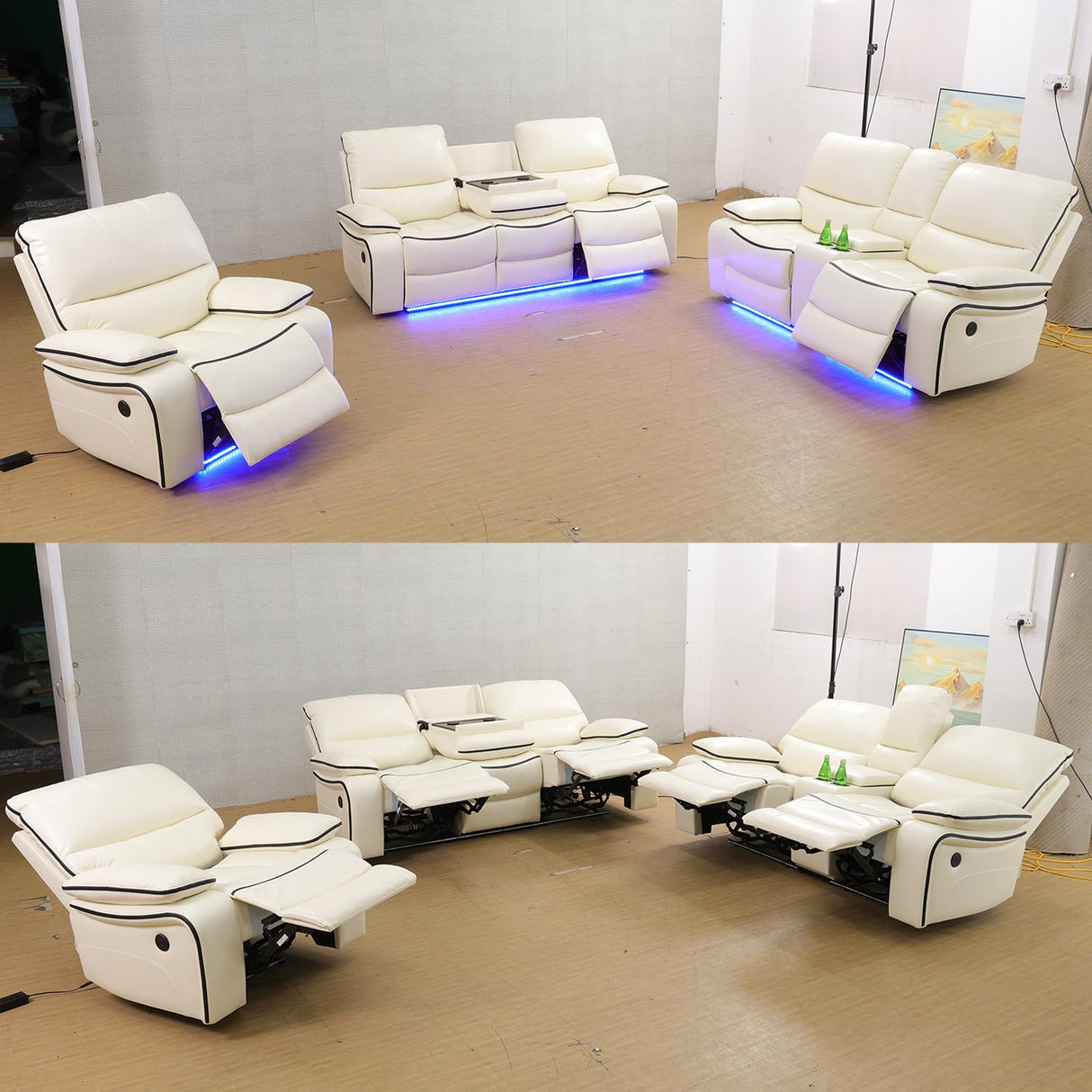 SIENWIEY Power Recliner Sofa Set with LED Lights,Leather Reclining Couch Set 2 Pieces, Creamy White Leather Couch Set with Pull Down Coffee Table/Storage Cabinet/Cup Holders(Sofa+Loveseat) SIENWIEY