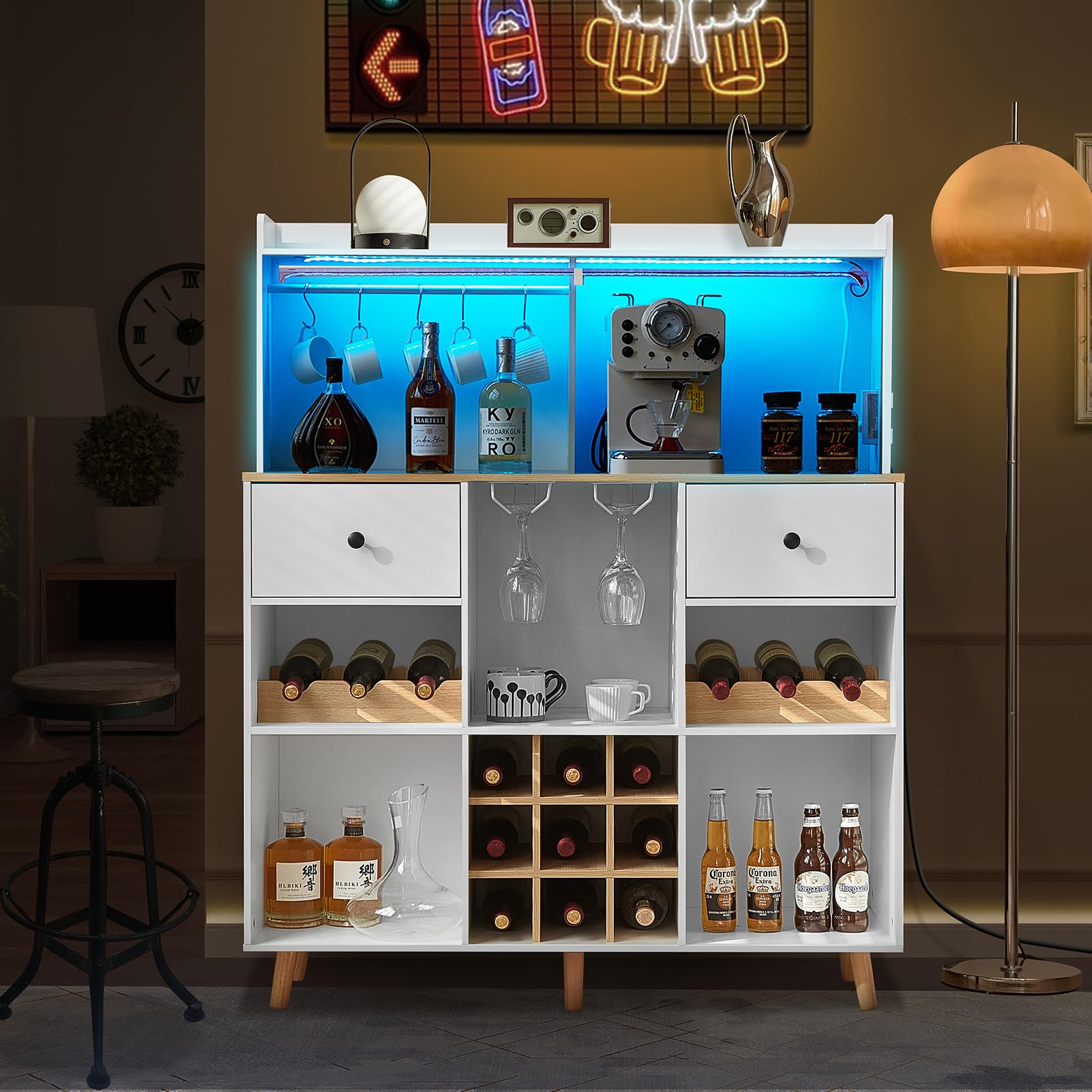 JanflyHome Wine Bar Cabinet with Power Outlet & LED Light, Bar Storage Cabinet with Drawers and Removable Shelves, Wine Cabinet Sideboard for Liquor and Glasses, Coffee Bar Cupboard,Woot - WoodArtSupply