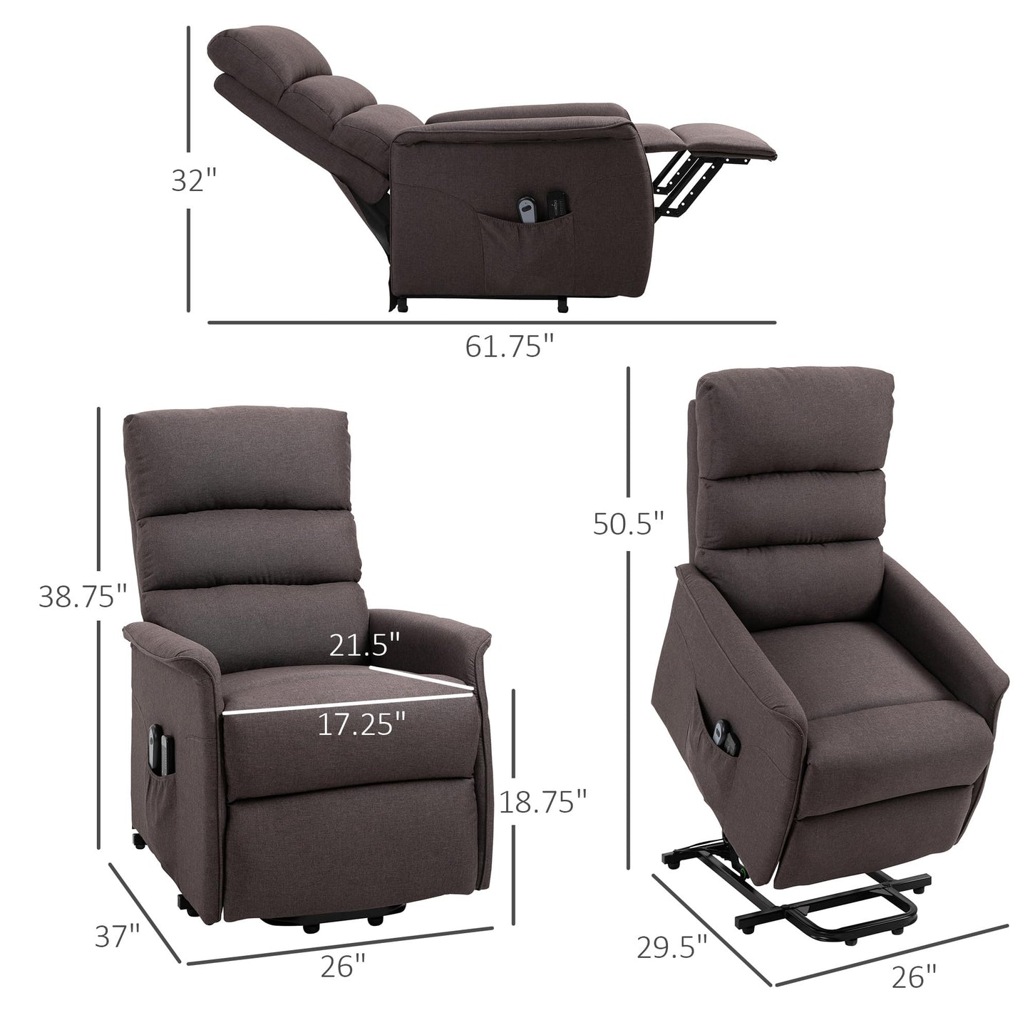 HOMCOM Power Lift Recliner Chair for Elderly, Easy Assembly, Fabric Lift Chair for Adults, Recliner Sofa with Remote Control, Side Pockets for Living Room, Brown